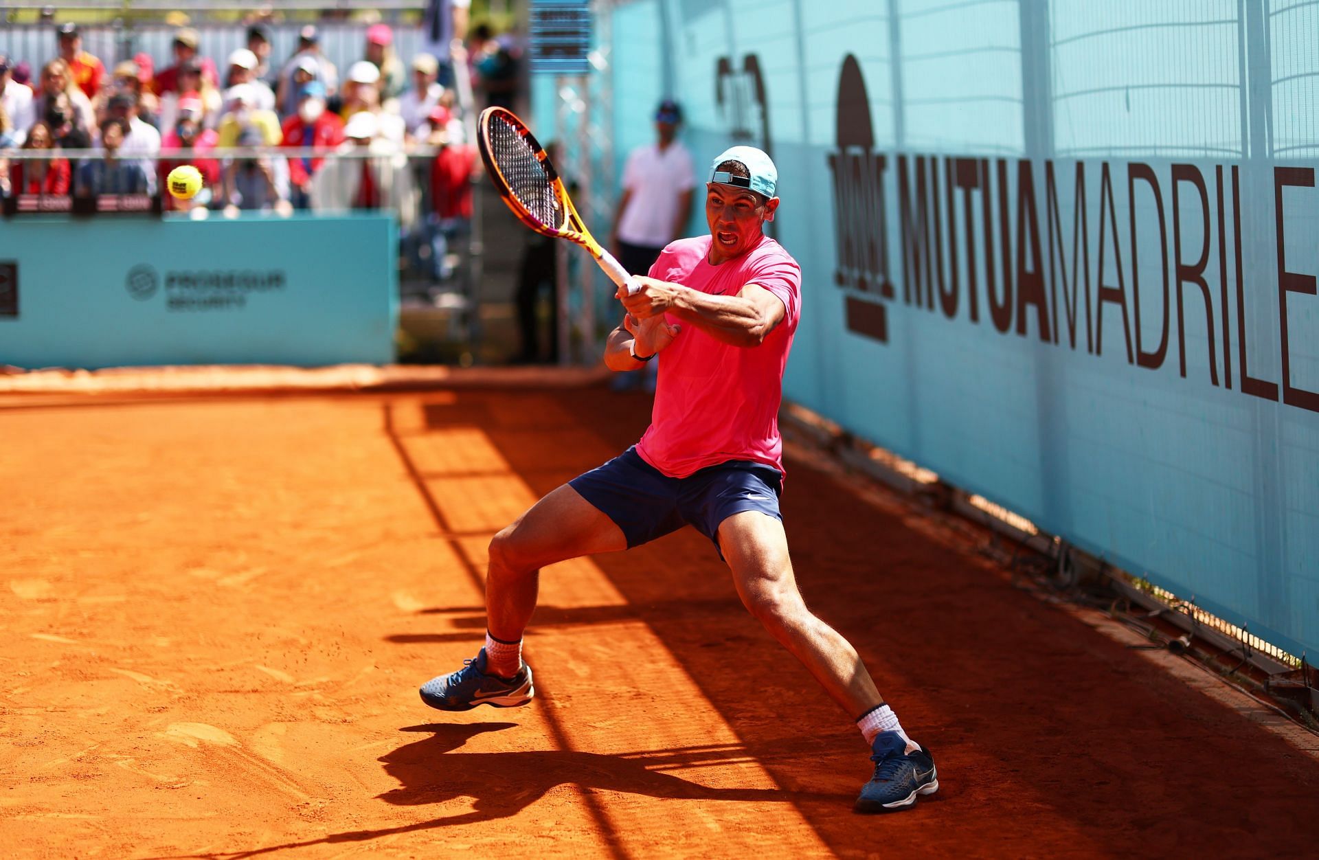 Rafael Nadal plays a forehand during a practice session on day four of the Mutua Madrid Open