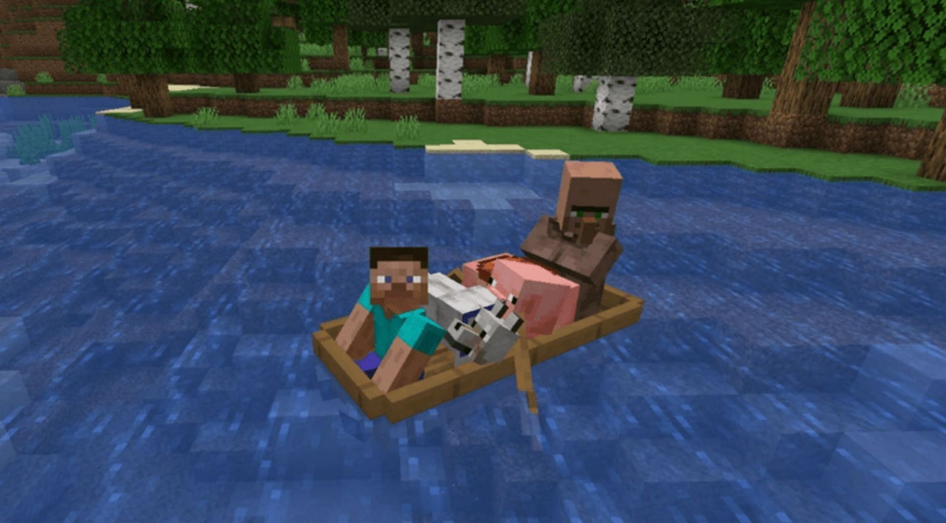Steve bringing mobs along via boat (Image via Mojang)