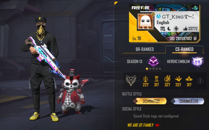 GT King’s Free Fire MAX ID, stats, rank, K/D ratio, and monthly