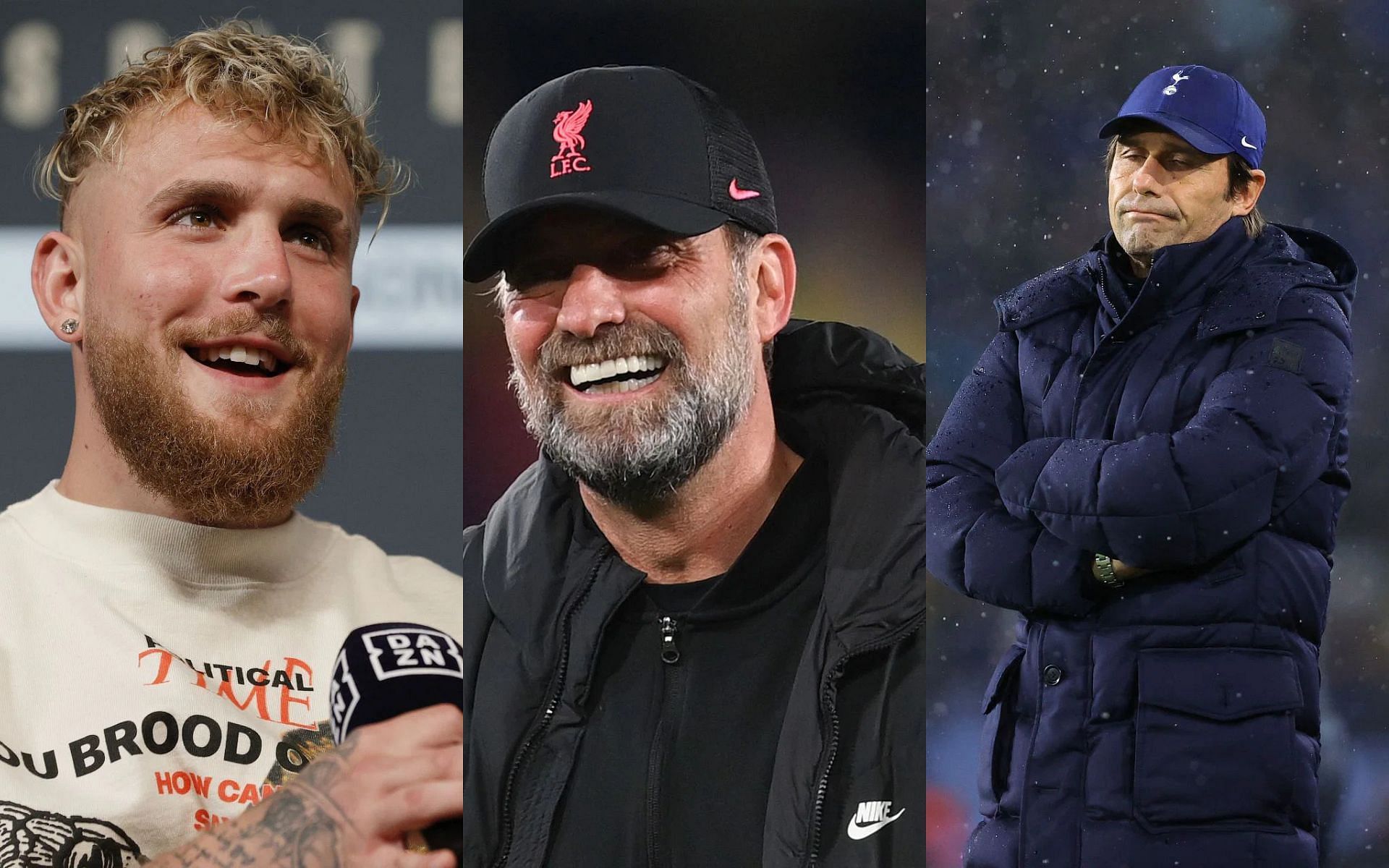 Jake Paul (left), Liverpool manager Jurgen Klopp (center), Tottenham manager Antonio Conte (right) [Images courtesy of Getty]