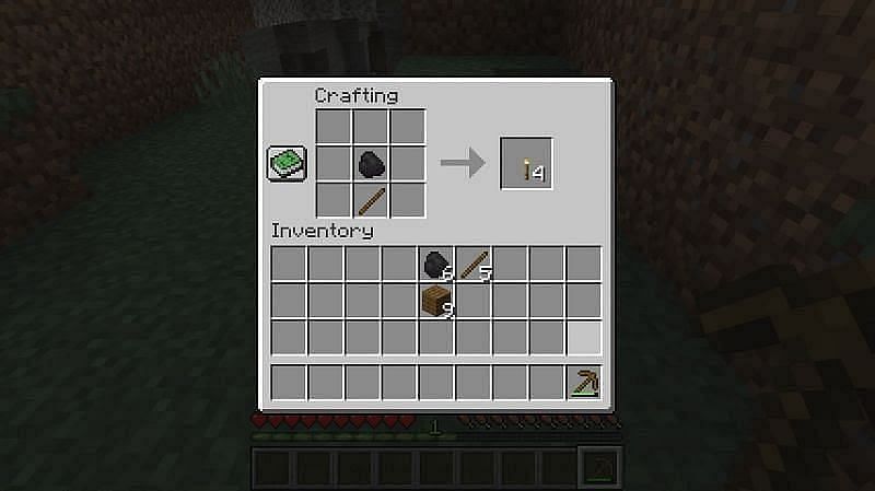 To make torches in minecraft place one piece of coal in the crafting GUI with a stick underneath