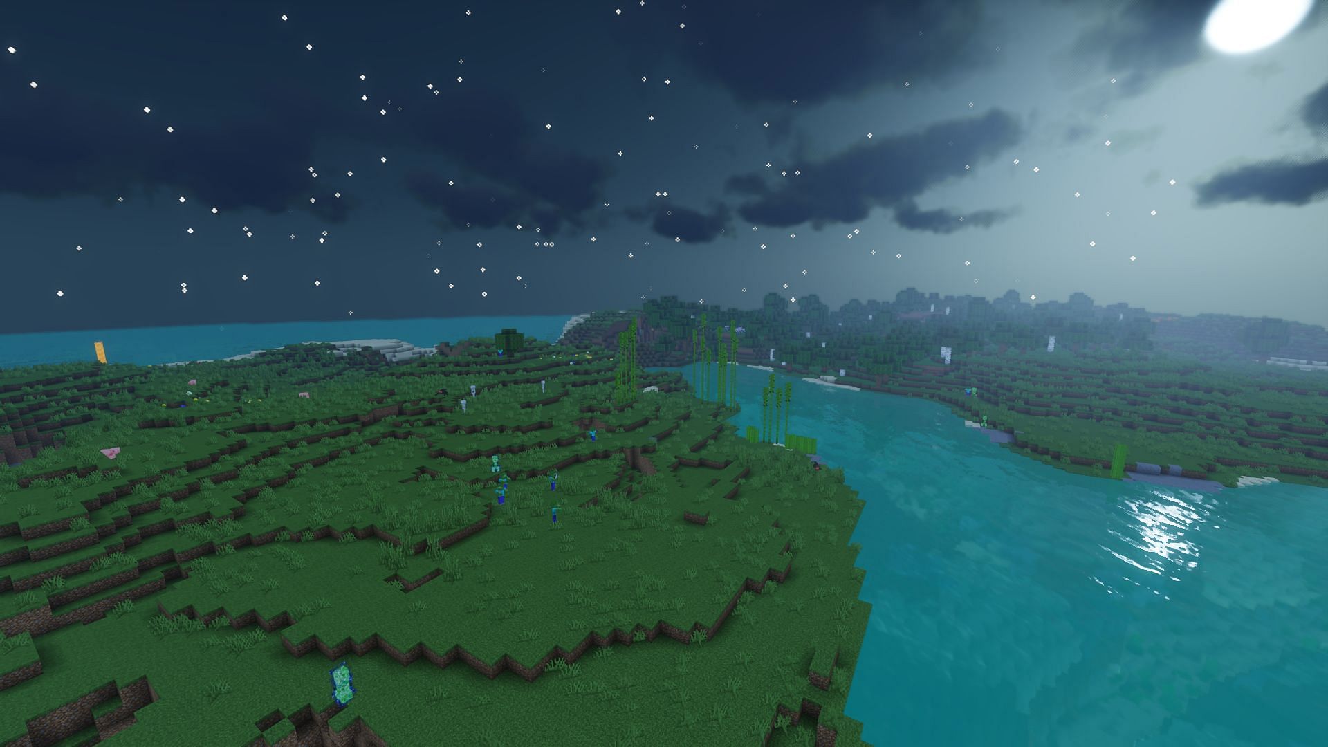A plains biome at the start of the game&#039;s night time (Image via Minecraft)