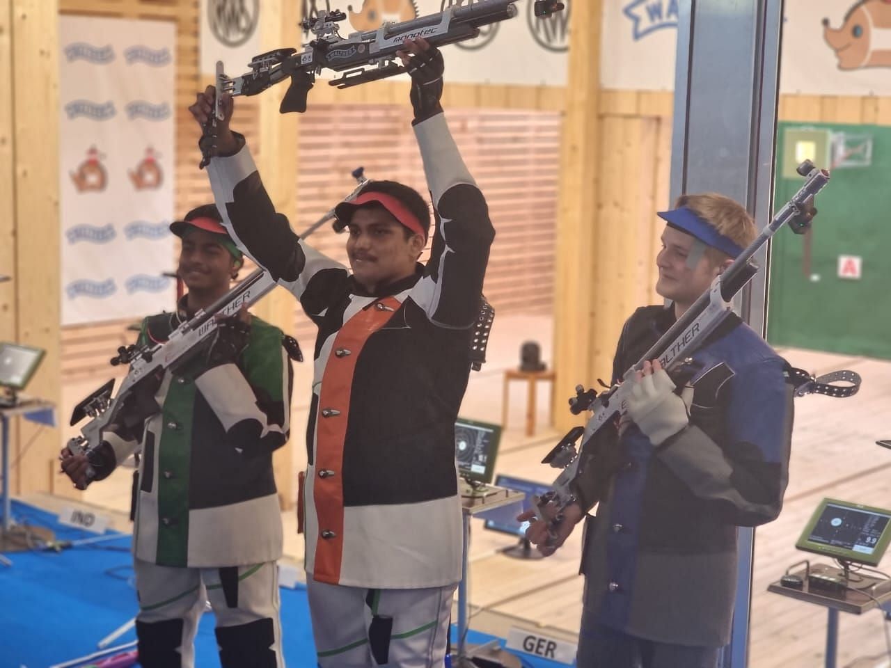 Rudhrankksh Balasaheb Patil celebrates his gold medal. (PC: ISSF)