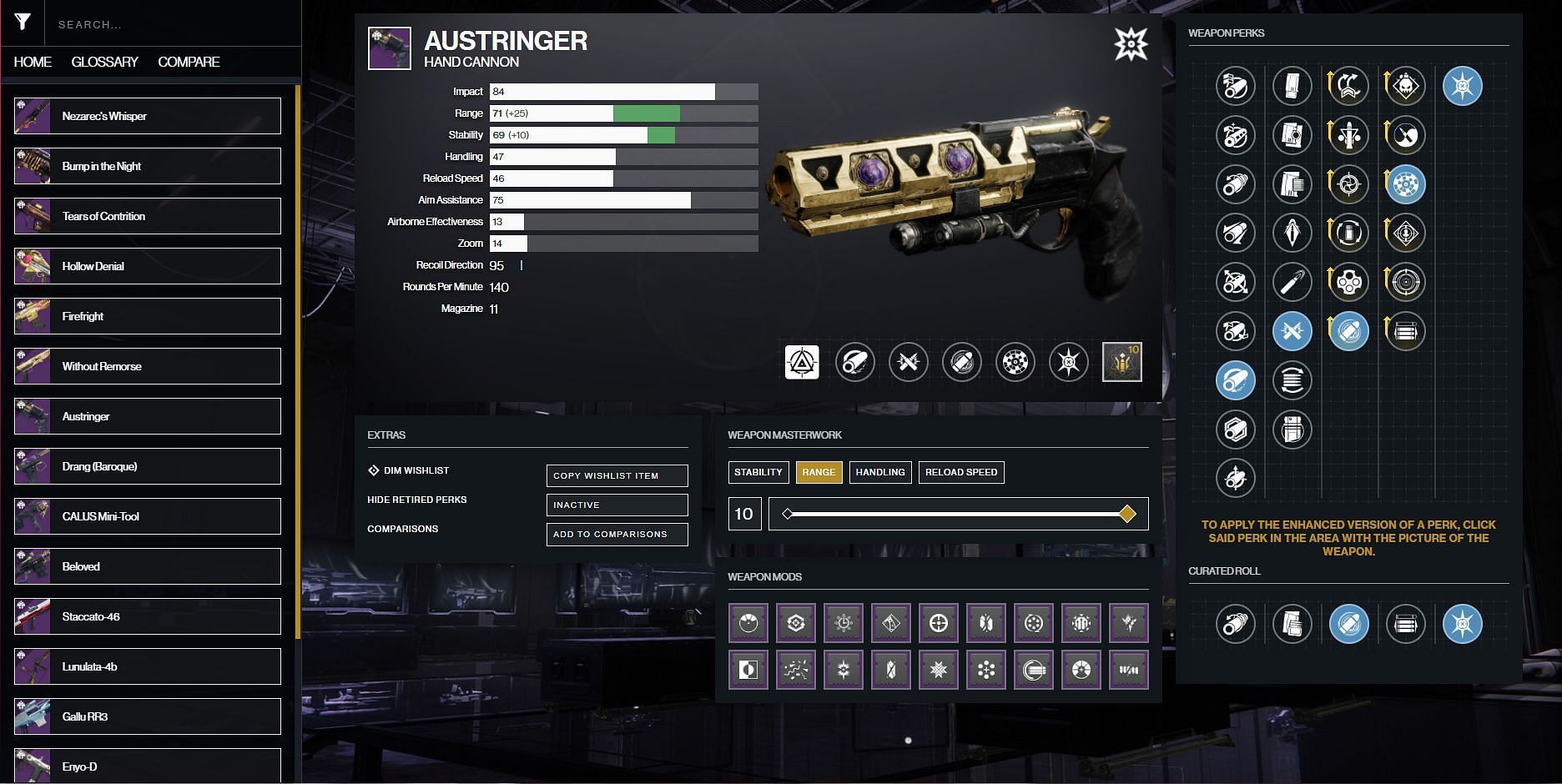 Best perk combinations on Austringer for PvP (Image via Destiny 2 Gunsmith)