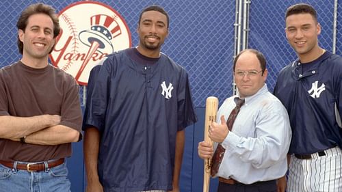 George Costanza teaches Derek Jeter and Bernie Williams baseball.