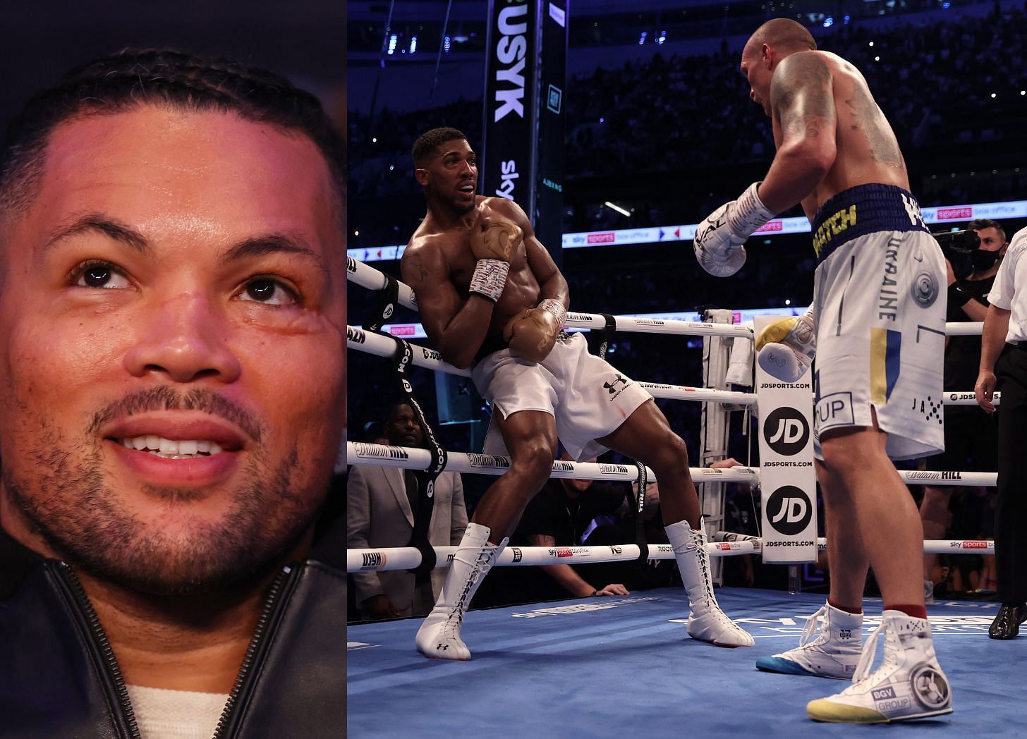 Joe Joyce (left), Anthony Joshua vs Oleksandr Usyk in their first fight (right)