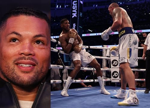 Joe Joyce (left), Anthony Joshua vs Oleksandr Usyk in their first fight (right)