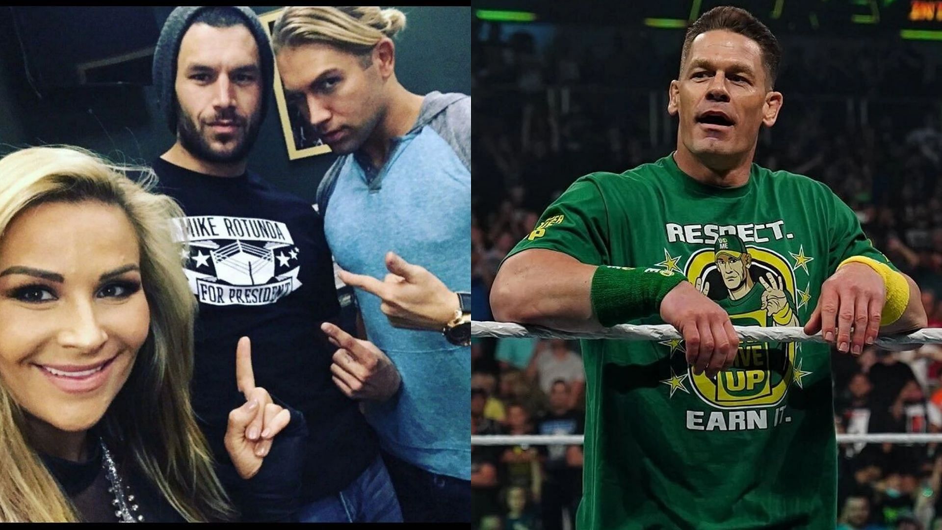 Natalya with Fandango and Tyler Breeze (left) and John Cena (right)