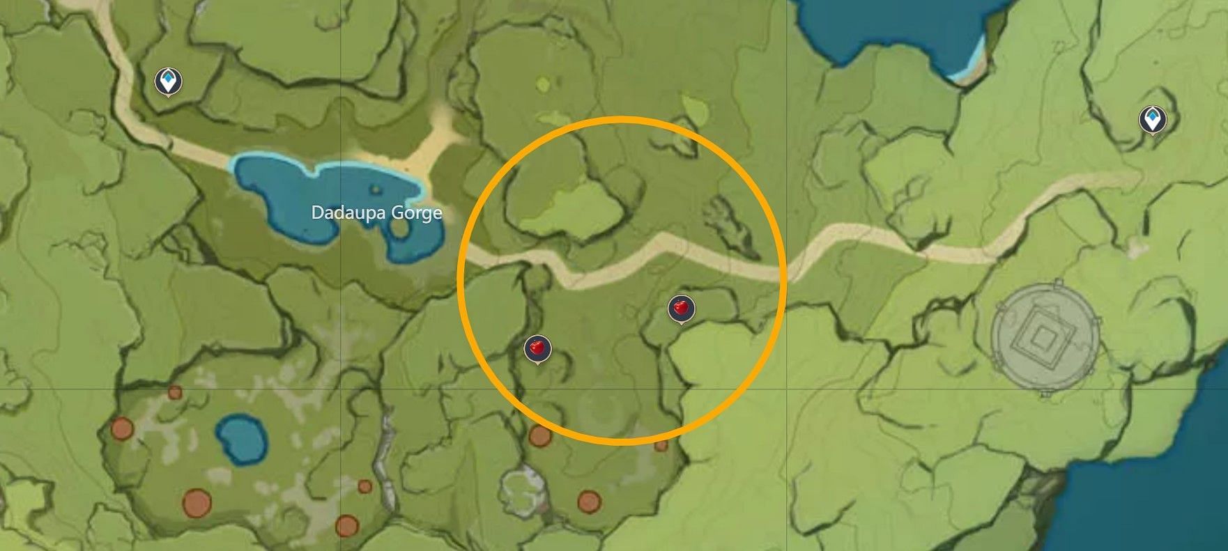 Apple locations in Dadapura Gorge (Image via Genshin Impact Interactive Map)