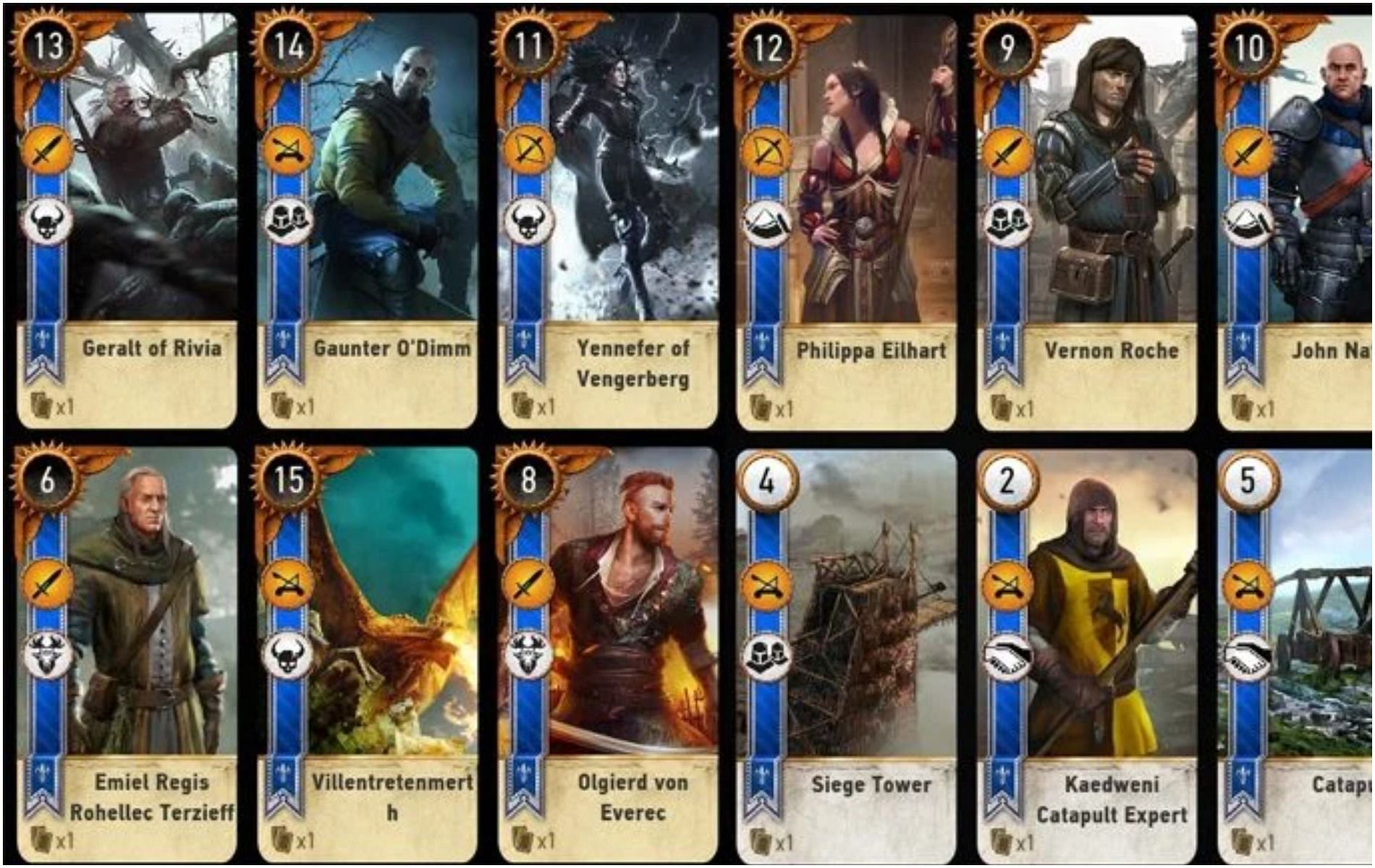 Some Gwent Hero cards as seen in The Witcher 3: The Wild Hunt (Image via CD Projekt RED)
