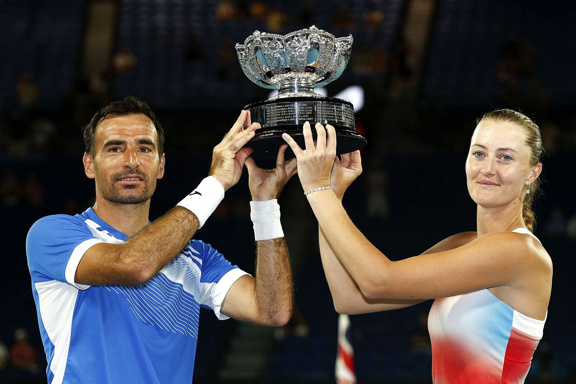 Kristina Mladenovic (R) at the 2022 Australian Open.