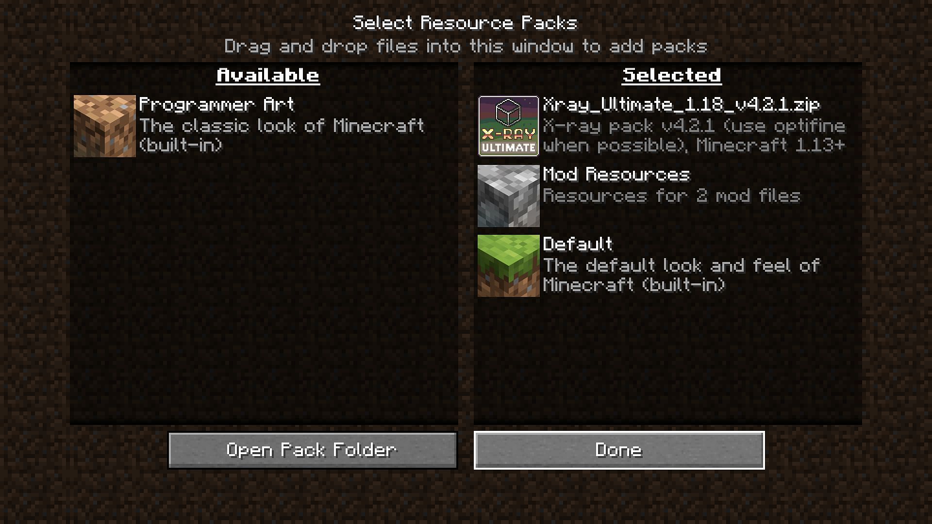 Resource pack settings (Image via Minecraft)