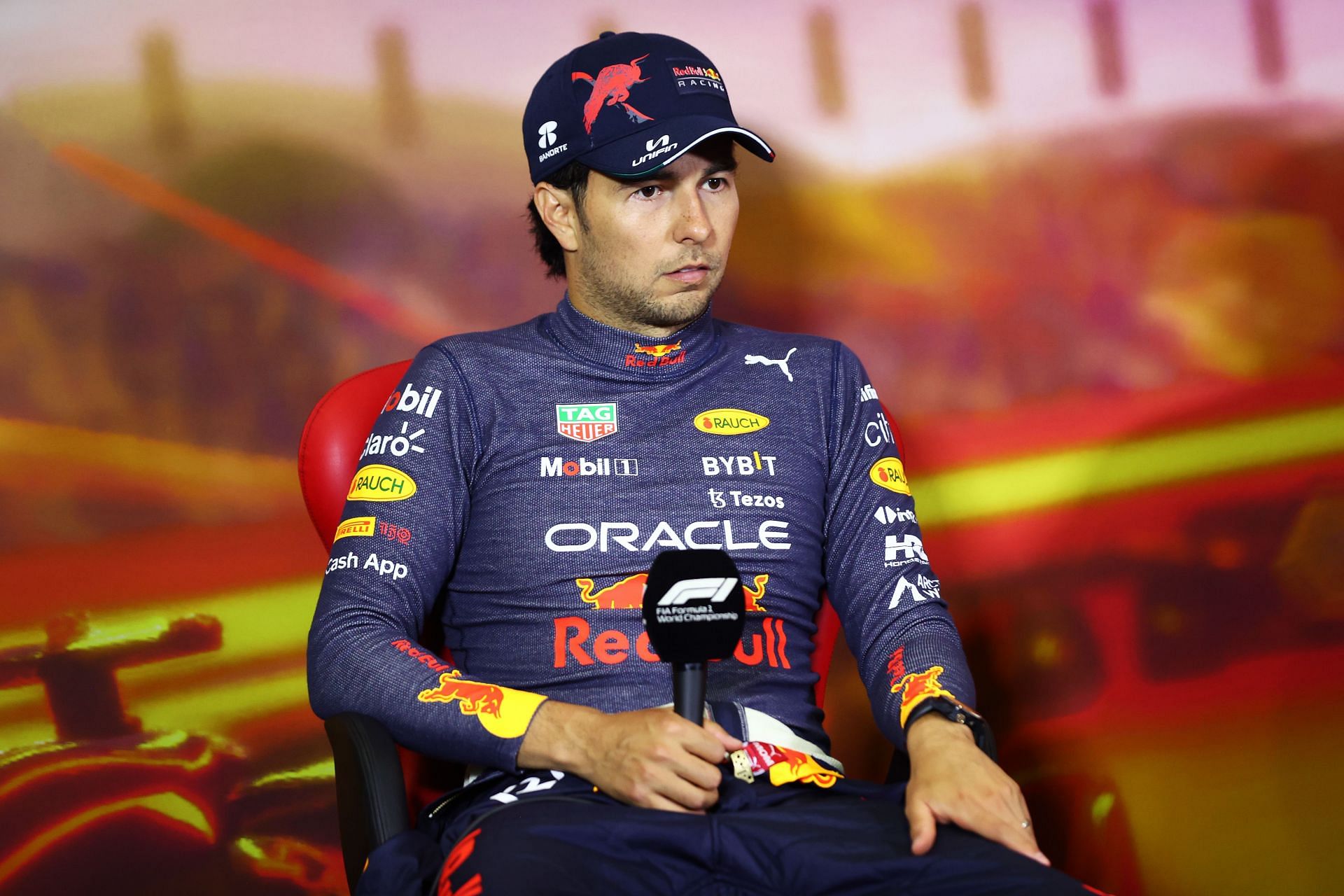 Sergio Perez addresses the media after his P2 finish at the 2022 F1 Spanish GP (Photo by Dan Istitene/Getty Images)