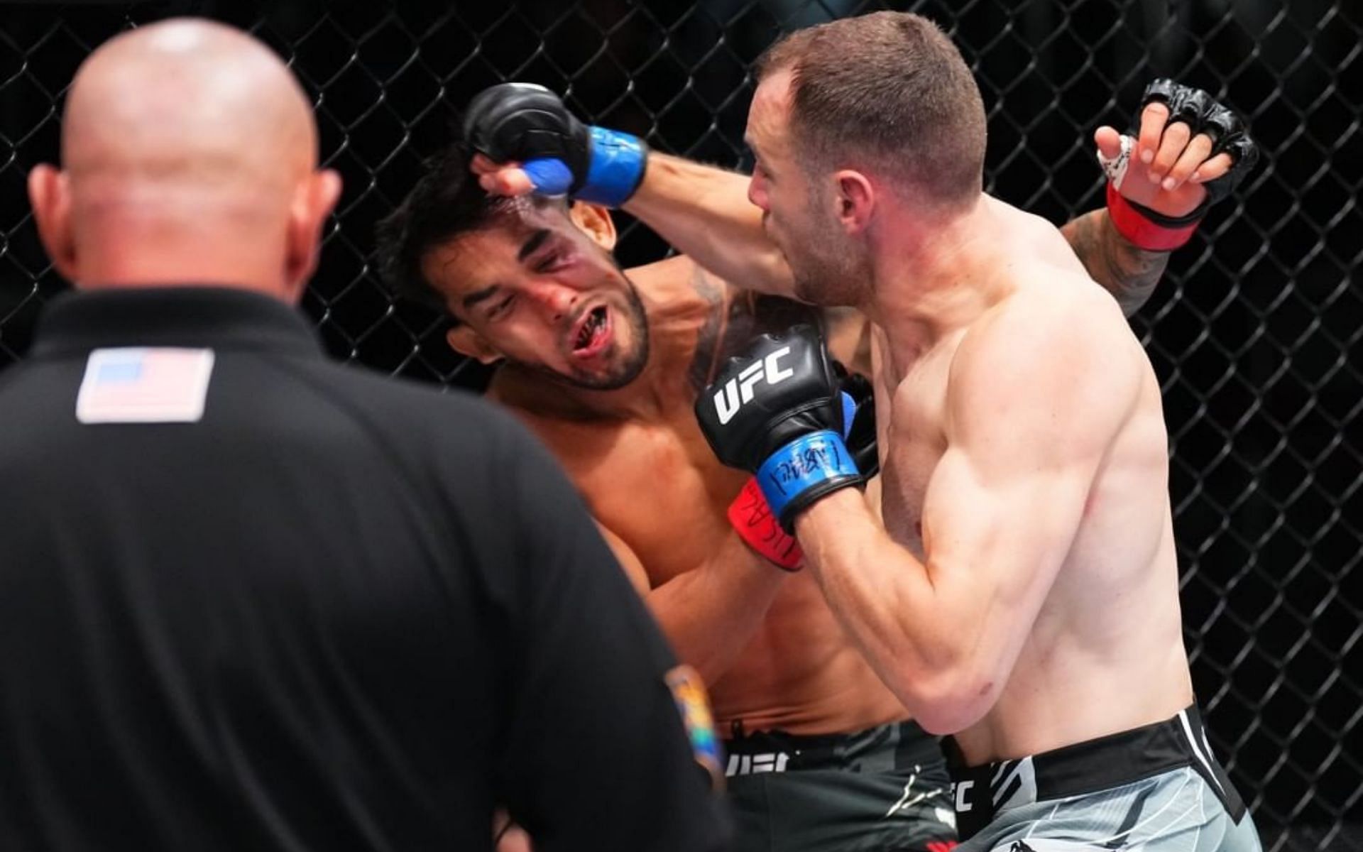 Uros Medic landing strikes on Omar Morales(Photo from @UFC via Instagram)