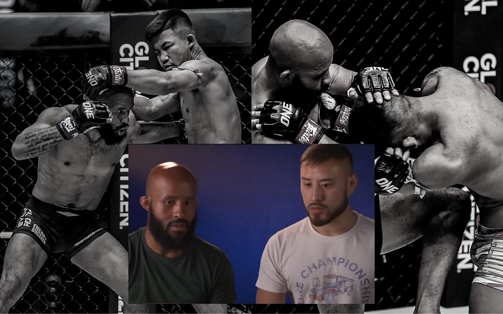 Demetrious Johnson and James Yang (insert) react to DJ&#039;s win at ONE X. (Images courtesy of ONE Championship)