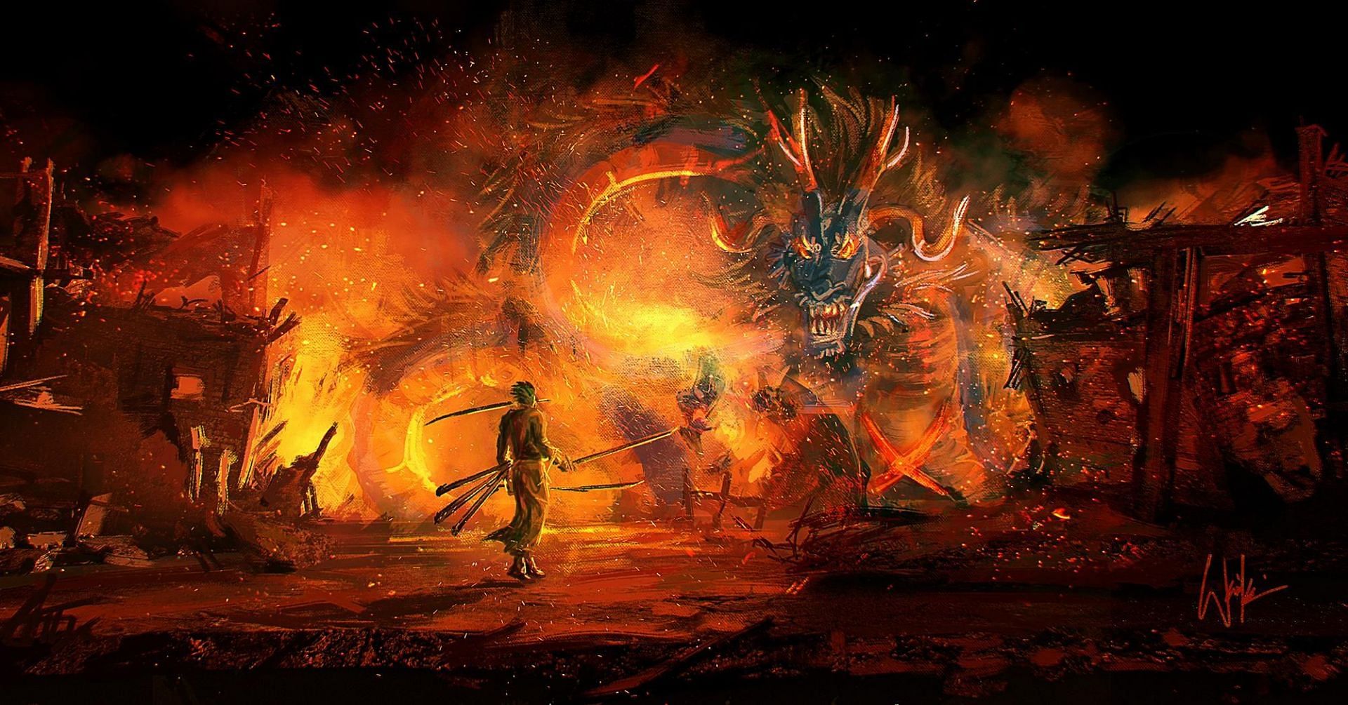 Zoro vs. Kaidou fanmade painting (Image via Reddit/angelus182)