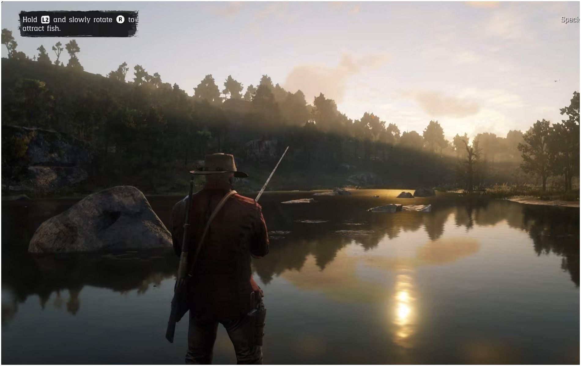 Arthur goes fishing in Red Dead Redemption 2 (Image via Rockstar Games)