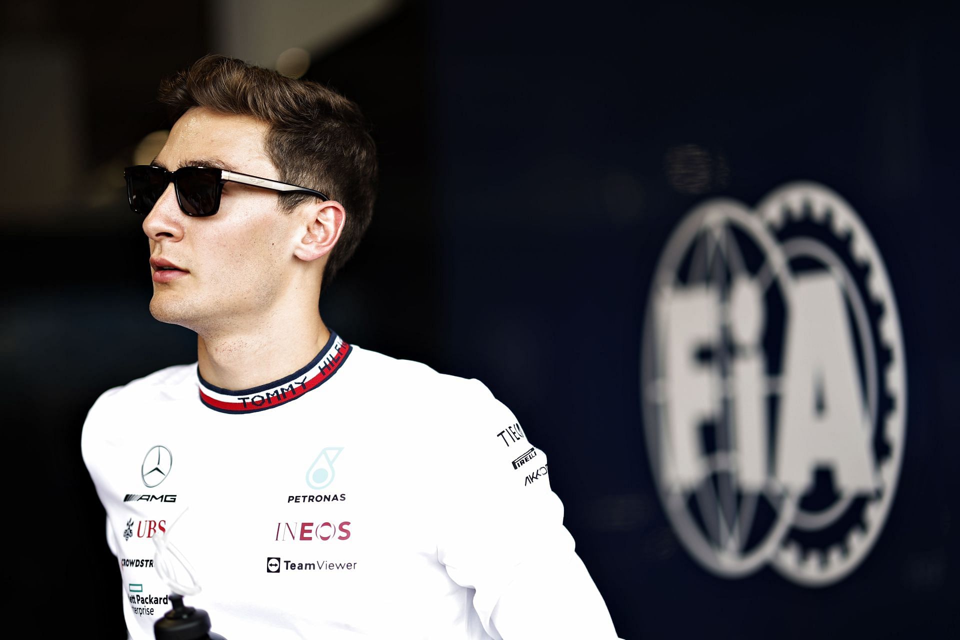 George Russell looks on from the drivers parade prior to the 2022 Miami GP. (Photo by Chris Graythen/Getty Images)