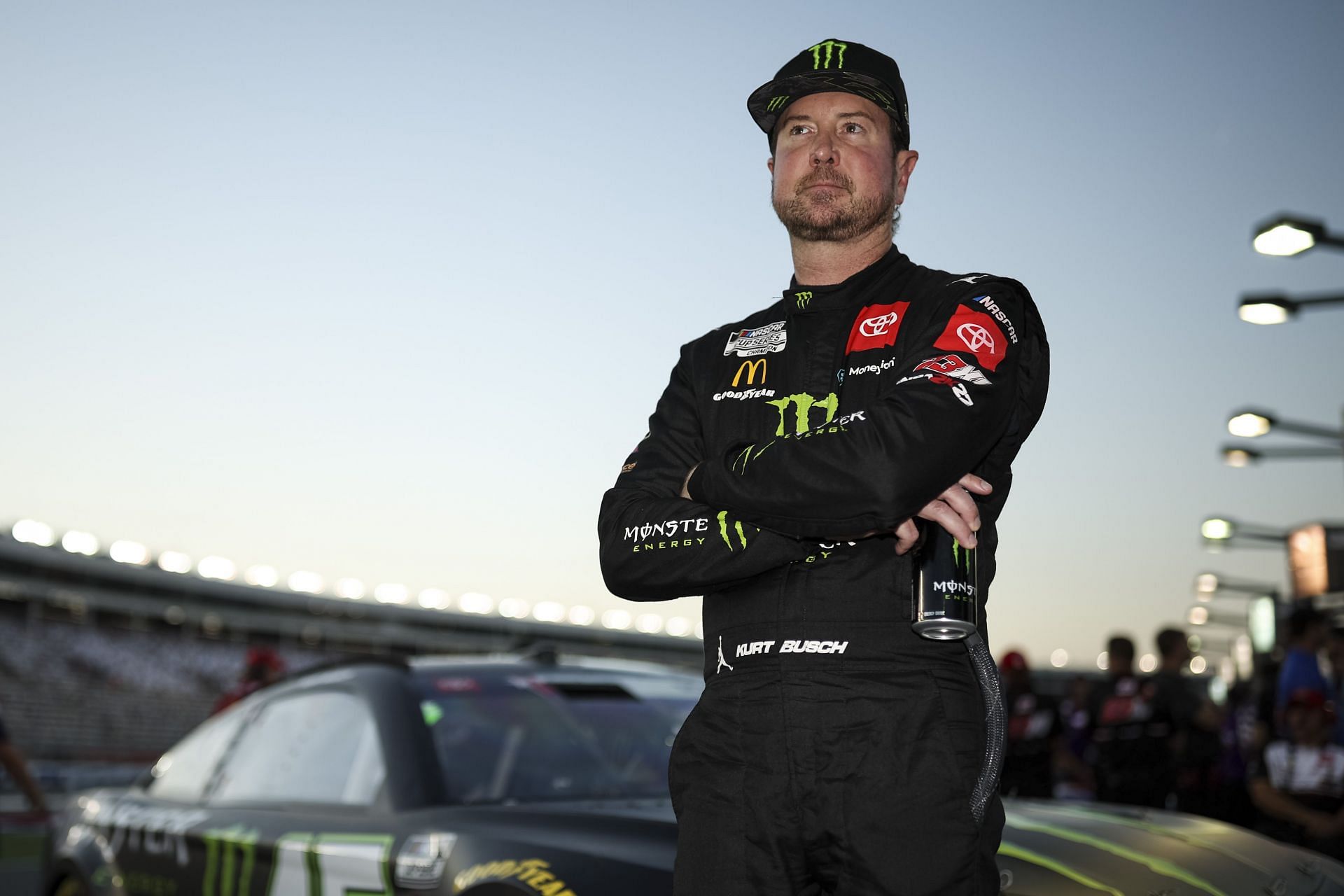 Kurt Busch looks on from the grid during practice for the NASCAR Cup Series Coca-Cola 600 at Charlotte Motor Speedway