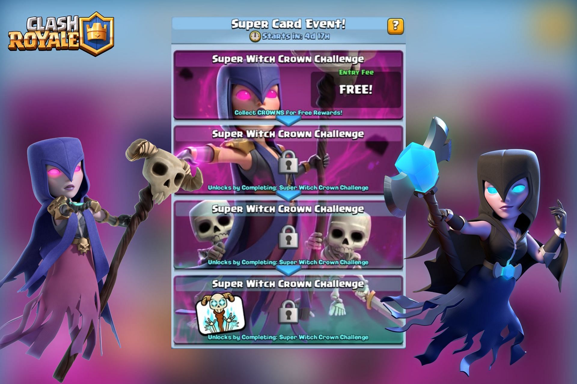 The Super Witch Crown challenge in Clash Royale includes four sub-challenges (Image via Sportskeeda)