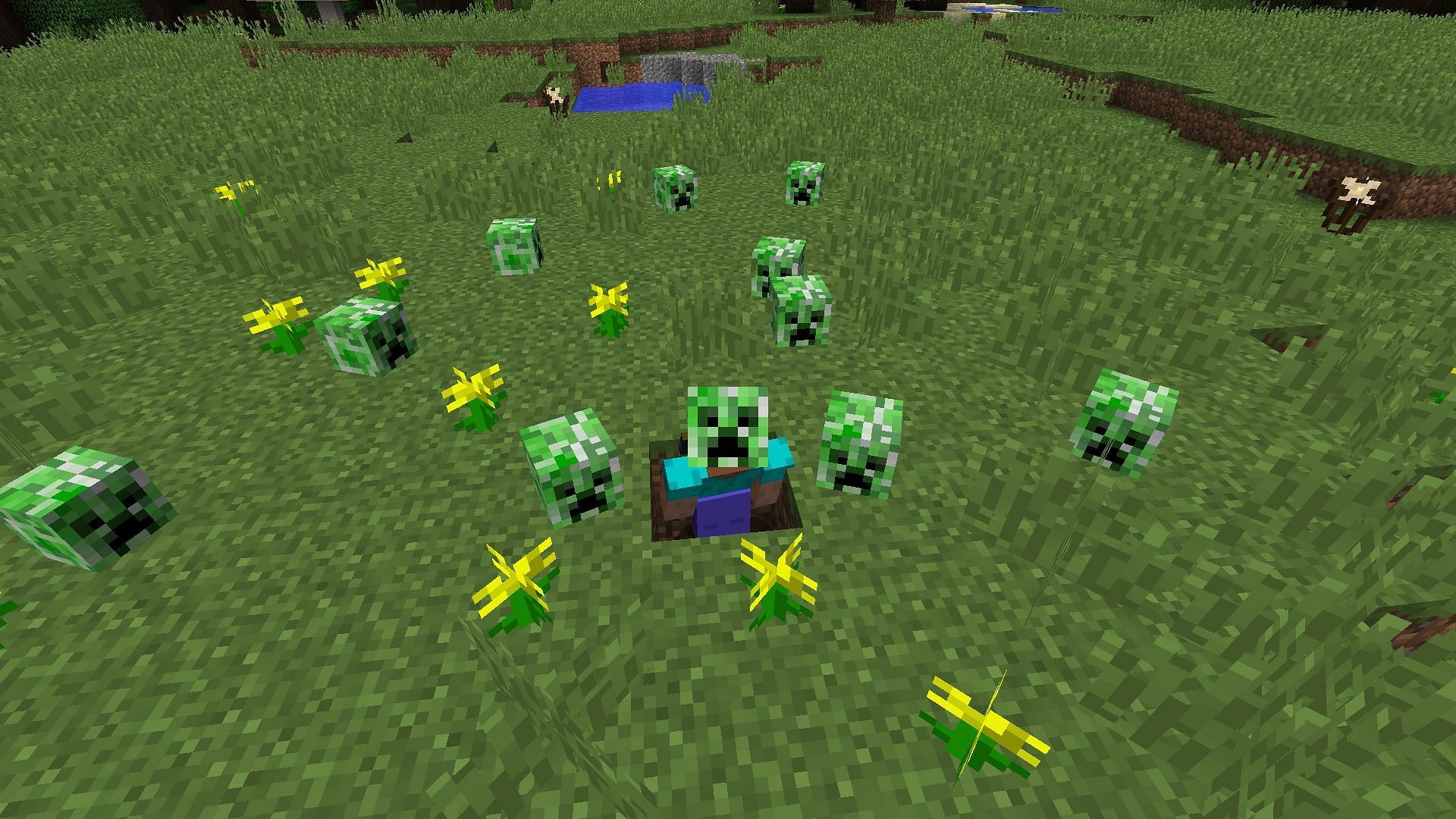 A player surrounded by creeper heads (Image via Minecraft)