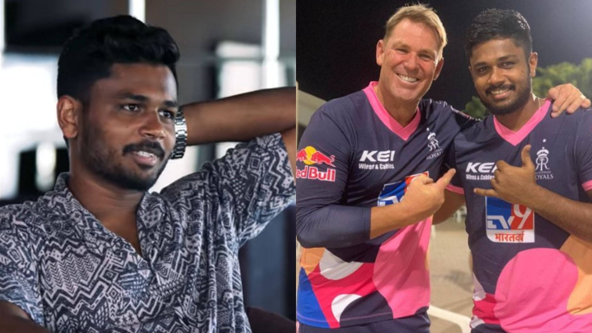 Sanju Samson (L) was in complete awe of Shane Warne during his time with RR. (P.C.: BwC YouTube &amp; Sanju Samson Instagram)