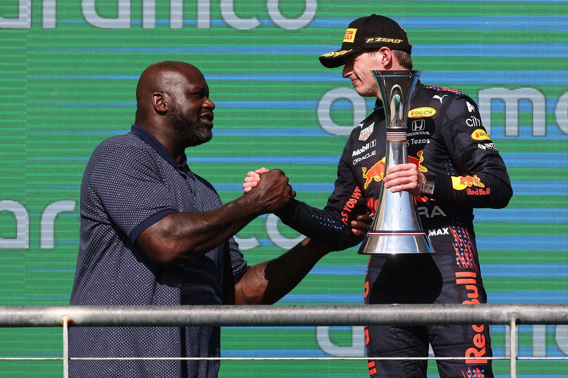 Max Verstappen of Red Bull Racing celebrates with NBA legend Shaquille O&#039;Neal during the F1 Grand Prix of USA 2021 in Austin