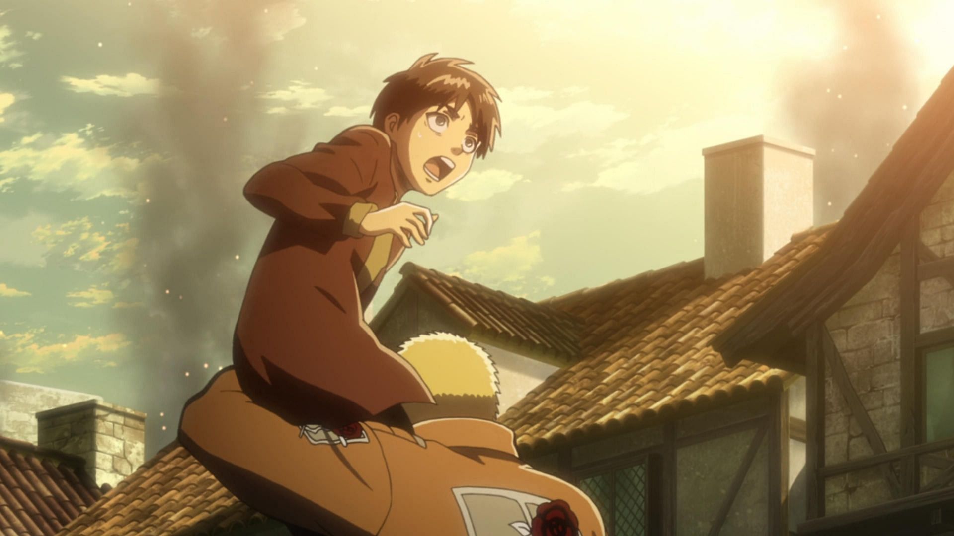 The fall of Shiganshina arc in Attack on Titan (image via Studio Mappa)