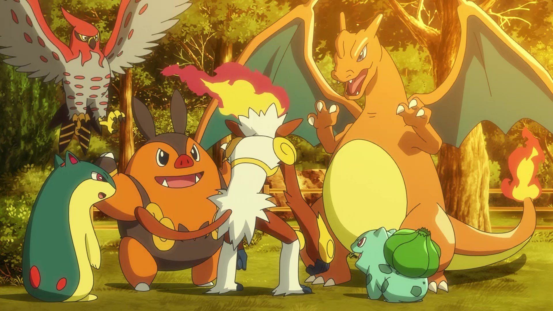Some of Ash&#039;s fire Pokemon and Bulbasaur (Image via OLM Incorporated)