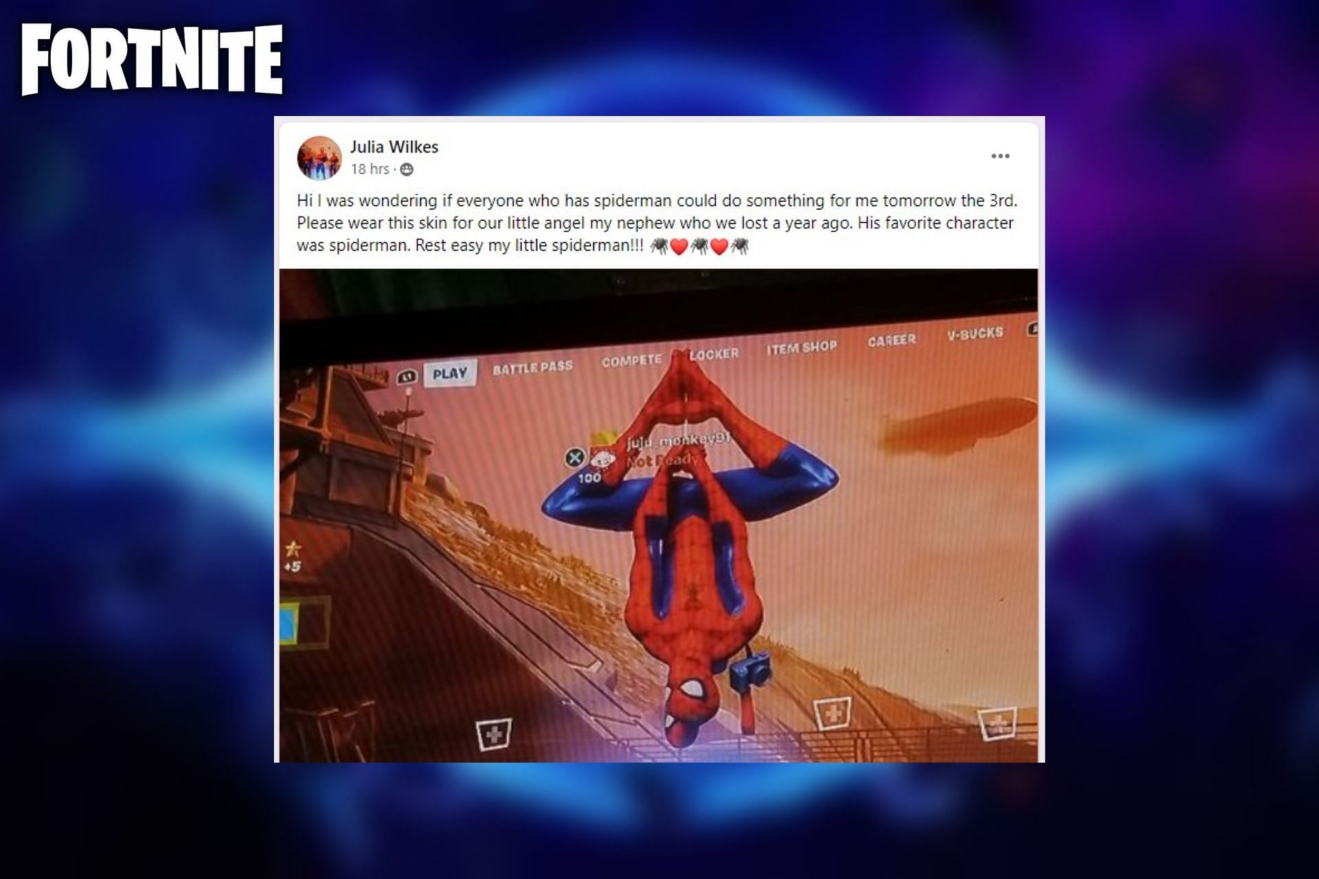 Fortnite community dons the Spider-Man skin for a player&#039;s nephew who passed away recently (Image via SlochinGG/Twitter)