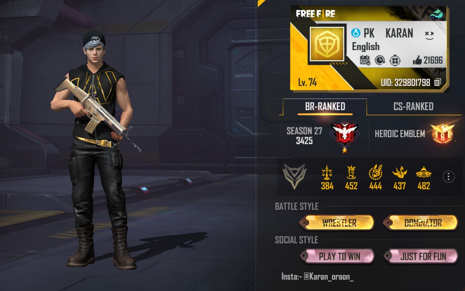 PK Karan&#039;s Free Fire ID (Image via Garena)