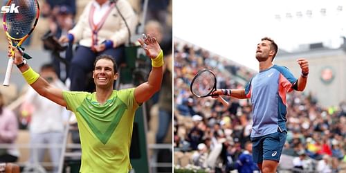 Rafael Nadal (L) and Corentin Moutet