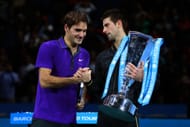 Roger Federer congratulates Novak Djokovic at the 2012 ATP World Tour Finals