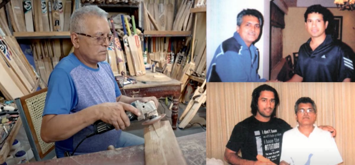 (Left) Ram Bhandari at work; (Right) &lsquo;The Bat Doctor&rsquo; with Sachin Tendulkar (above) and MS Dhoni (below).