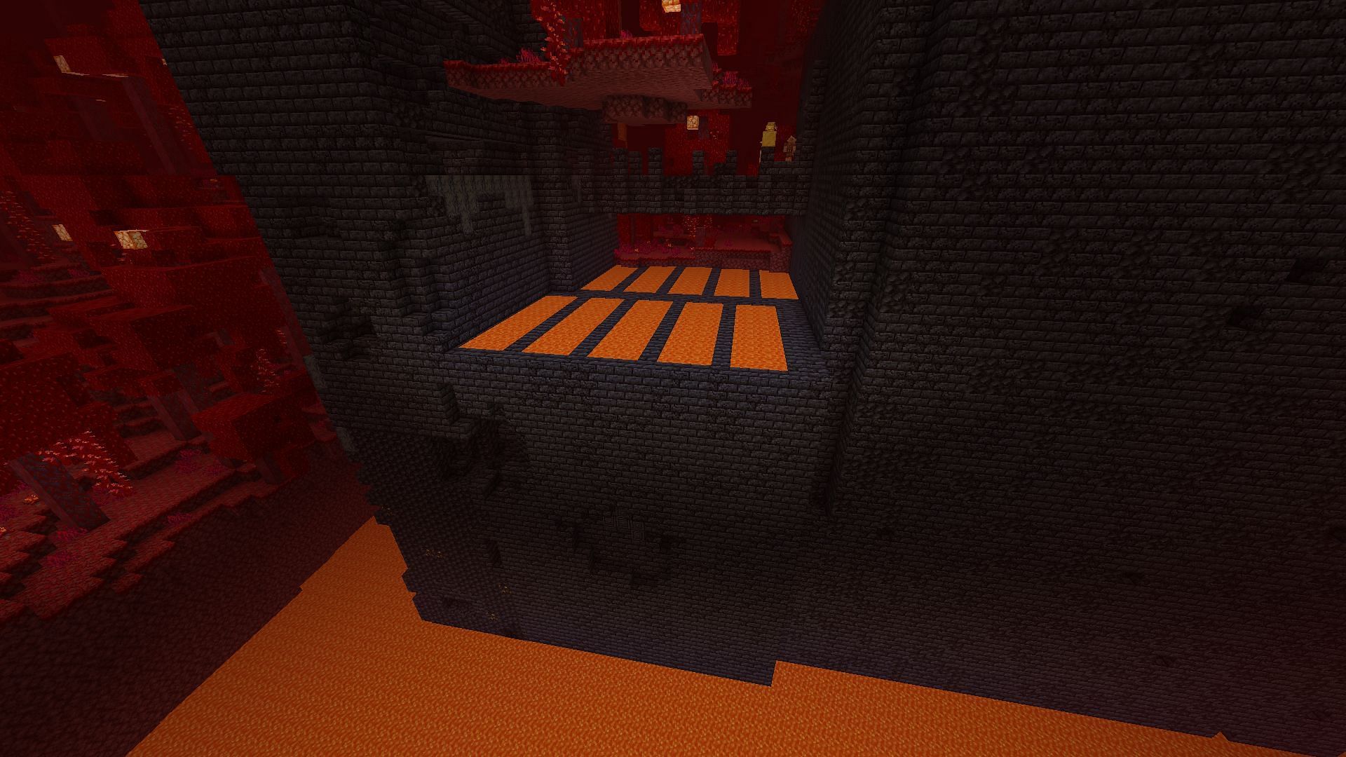 Treasure room structure has a lava grid along with a huge rampart structure (Image via Minecraft)