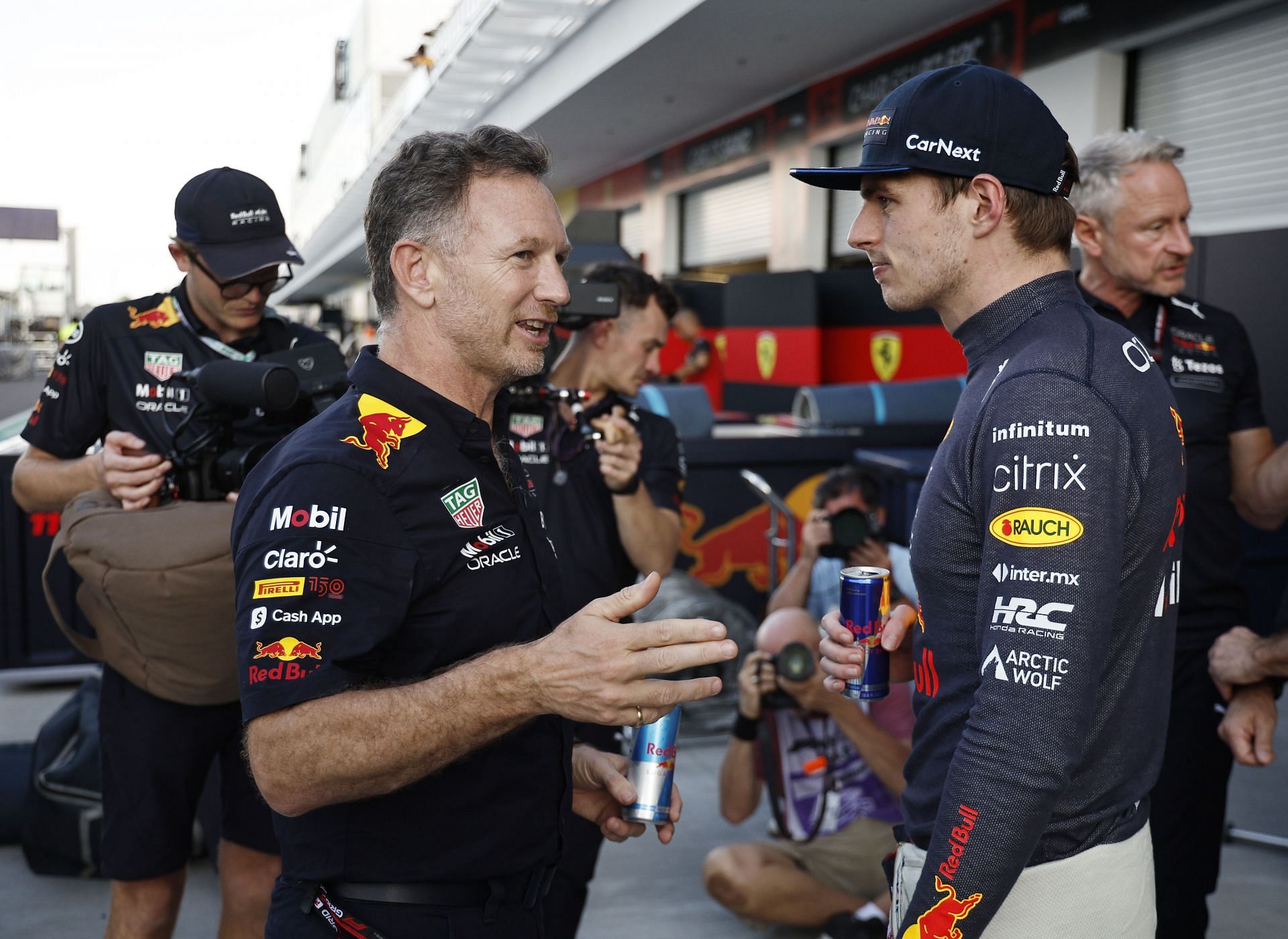 F1 Grand Prix of Miami - Christian Horner speaks to Max Verstappen.