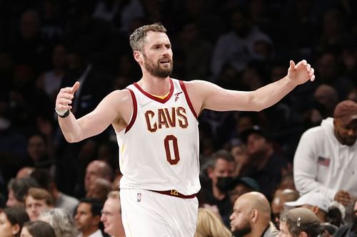 Kevin Love #0 of the Cleveland Cavaliers reacts during the first half of the Eastern Conference 2022 Play-In Tournament against the Brooklyn Nets at Barclays Center on April 12, 2022 in the Brooklyn borough of New York City.