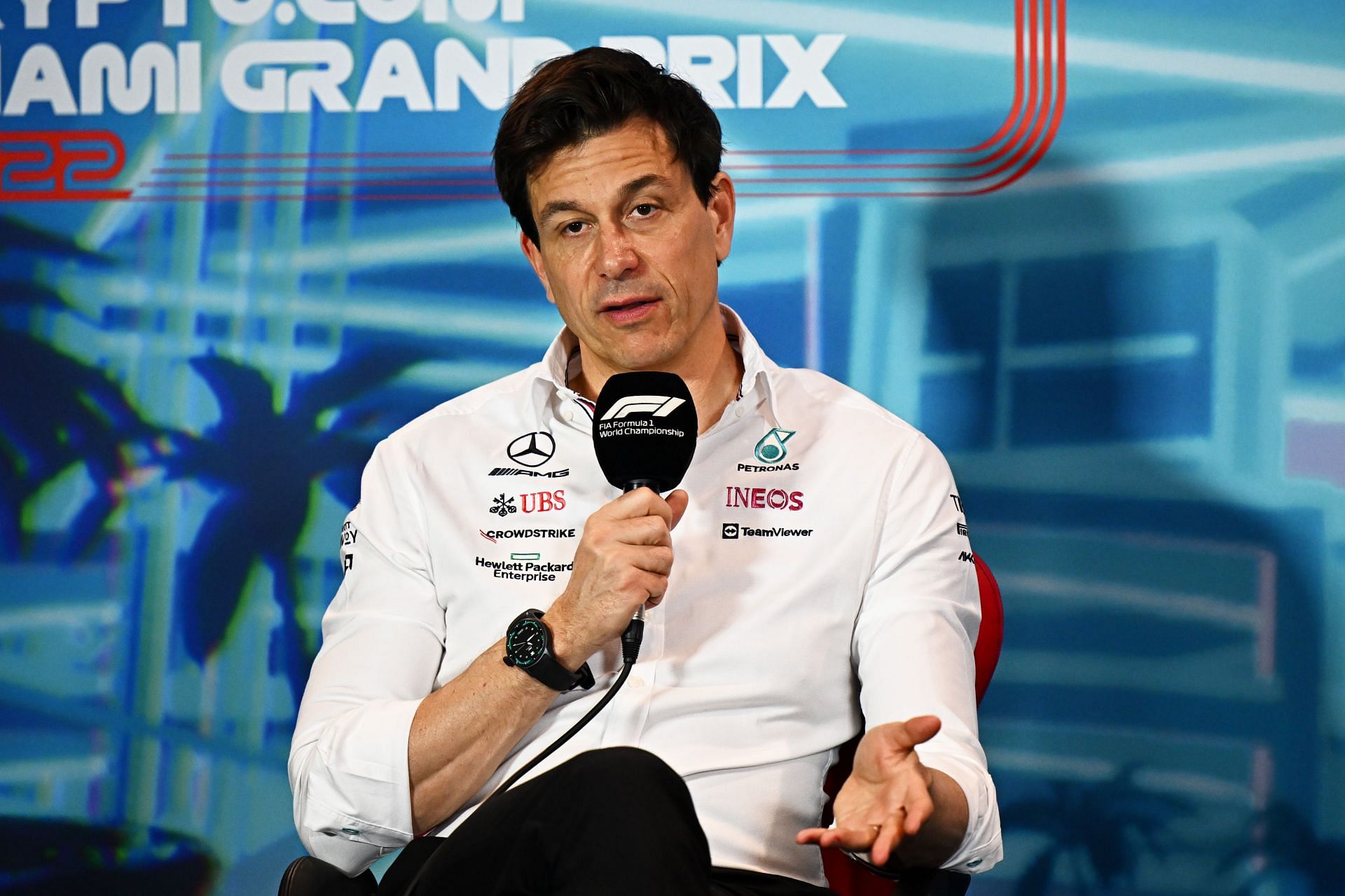 Mercedes GP Executive Director Toto Wolff talks prior to final practice ahead of the F1 Grand Prix of Miami at the Miami International Autodrome on May 07, 2022 (Photo by Clive Mason/Getty Images)