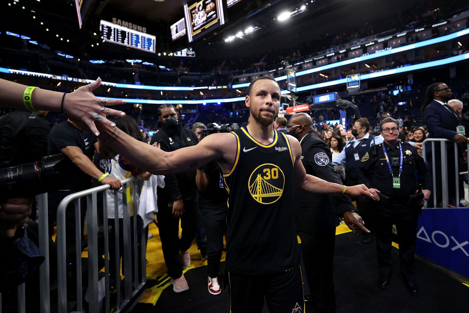 Steph Curry No. 30 of the Golden State Warriors walks off the court after they beat the Denver Nuggets in Game 5 of the Western Conference&#039;s first round.
