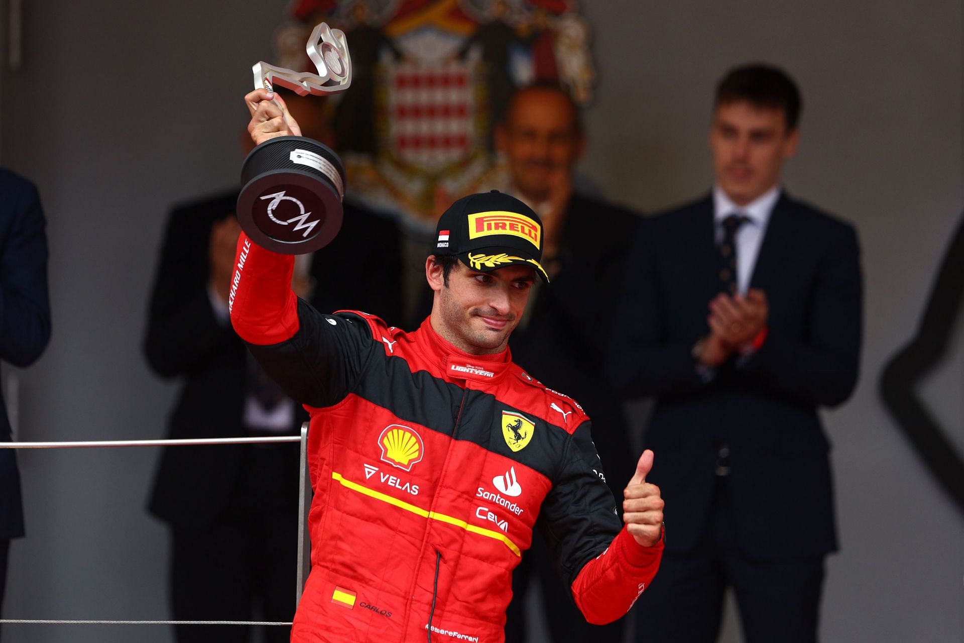 Second-placed Carlos Sainz celebrates on the podium during the F1 Grand Prix of Monaco (Photo by Clive Rose/Getty Images)