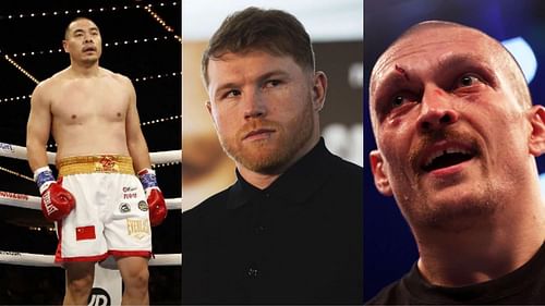 Zhilei Zhang (left), Canelo Alvarez (center), Oleksandr Usyk (right) [Images courtesy of Getty]