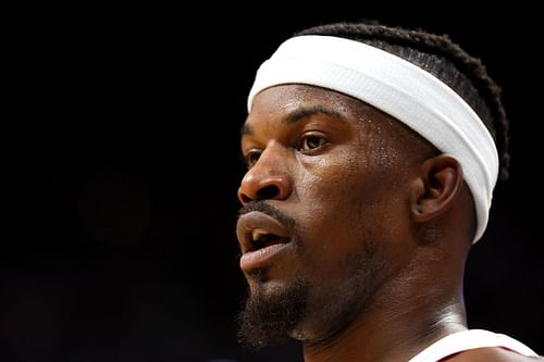 Jimmy Butler of the Miami Heat looks on during the second quarter against the Boston Celtics.