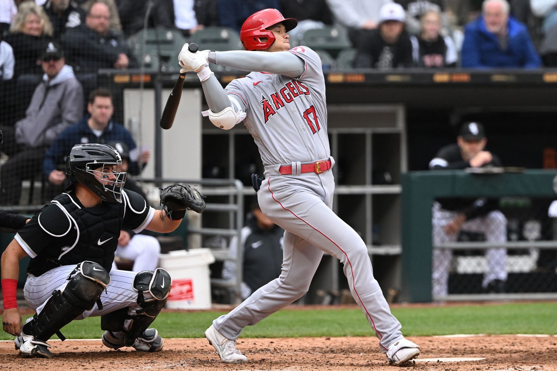 Shohei Ohtani of the Los Angeles Angels bats in the seventh inning.