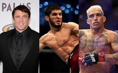 Chael Sonnen (left); Islam Makhachev (center); Charles Oliveira (right)