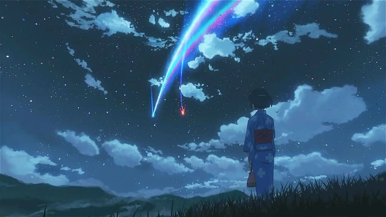 Misuha watching gazing at the meteor shower as seen in Your Name (Image via CoMix Wave Films)