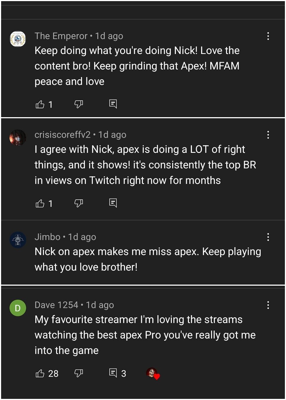 Many of Nick&#039;s fans were just glad to see so many more eyes on Apex (Image via NICKMERCS/YouTube)