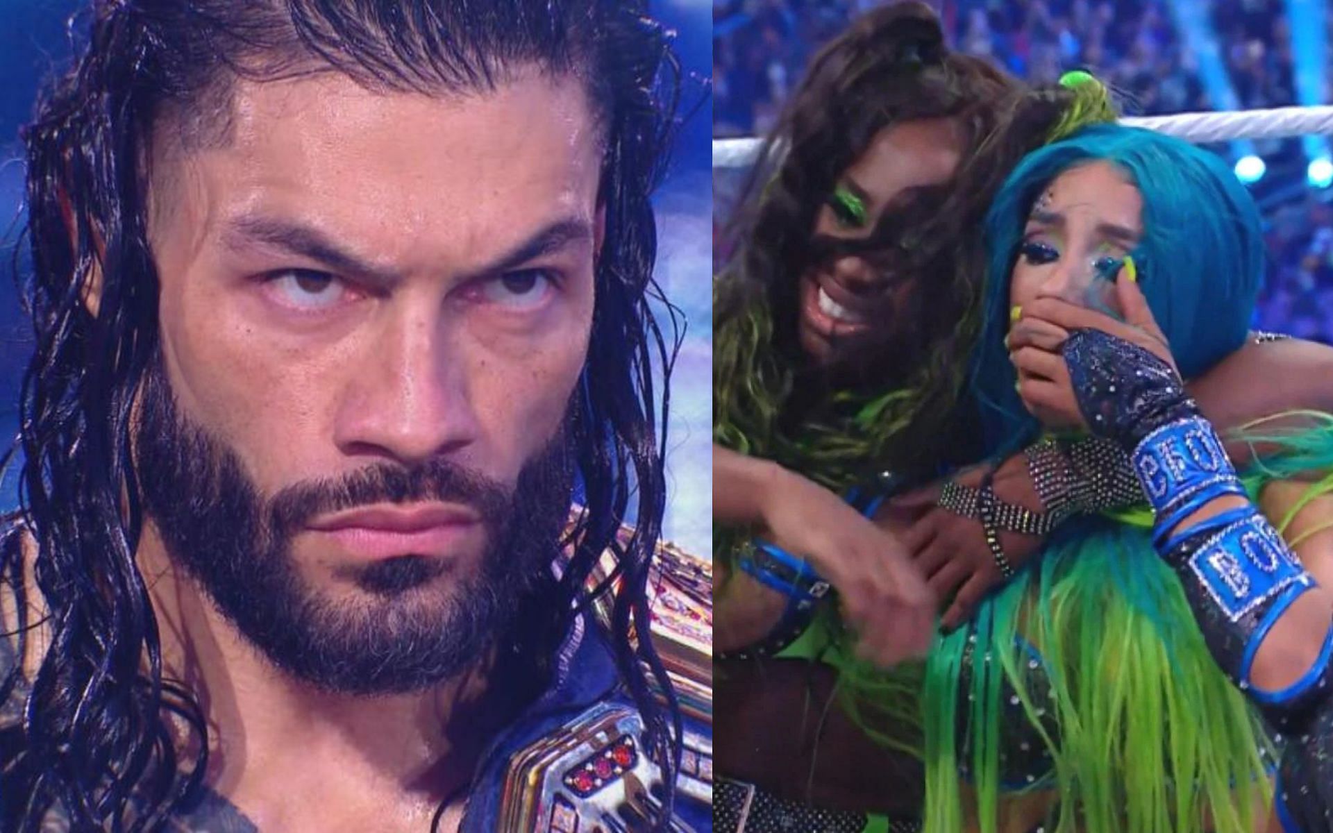 Roman Reigns (L) while Sasha Banks and Naomi (R)