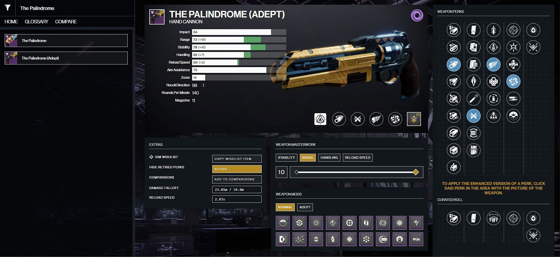 The Palindrome Hand Cannon PvP god roll (Image via Destiny 2 Gunsmith)