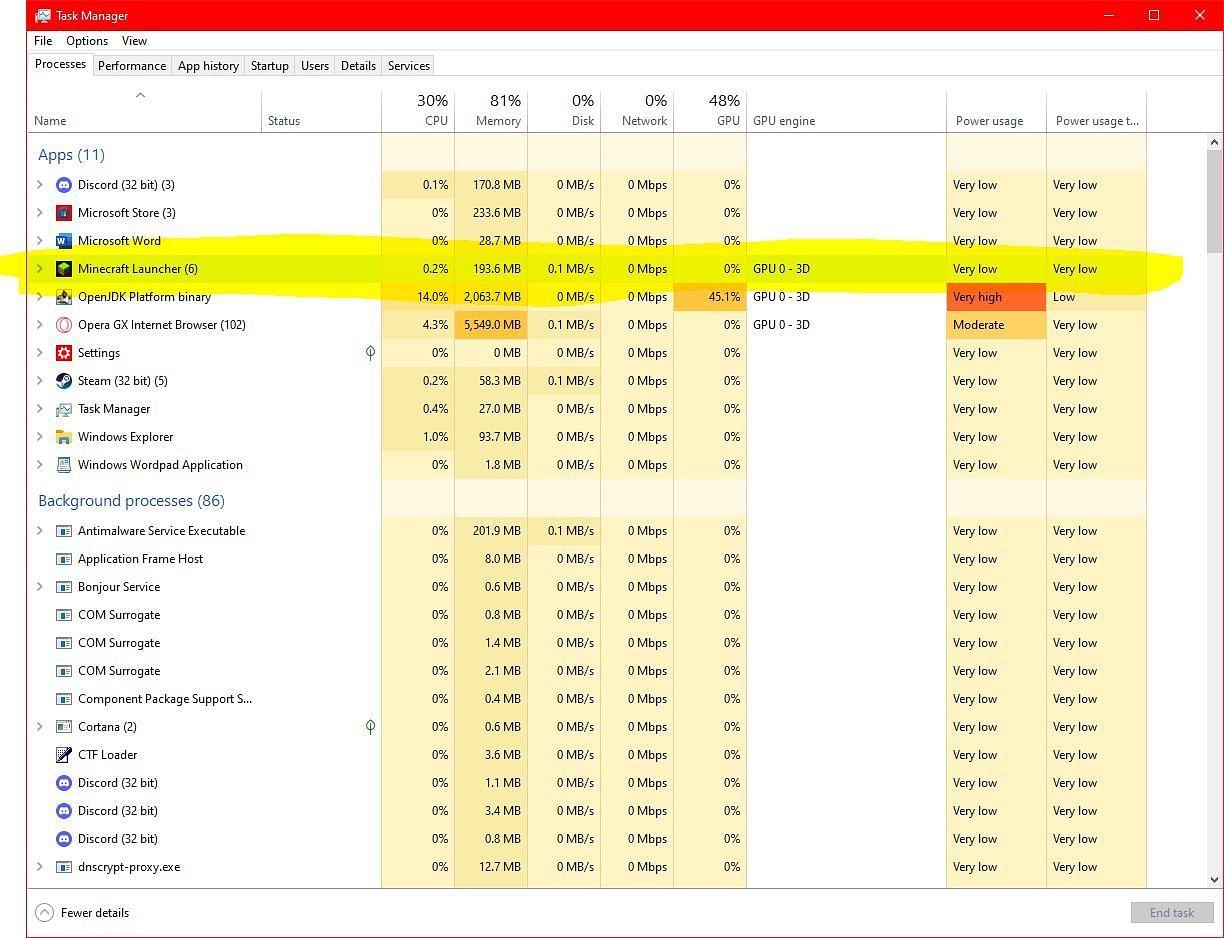 The Minecraft Launcher found in task manager (Image via task manager) moThe results of the Microsoft Store after searching for Minecraft (Image via Windows store)