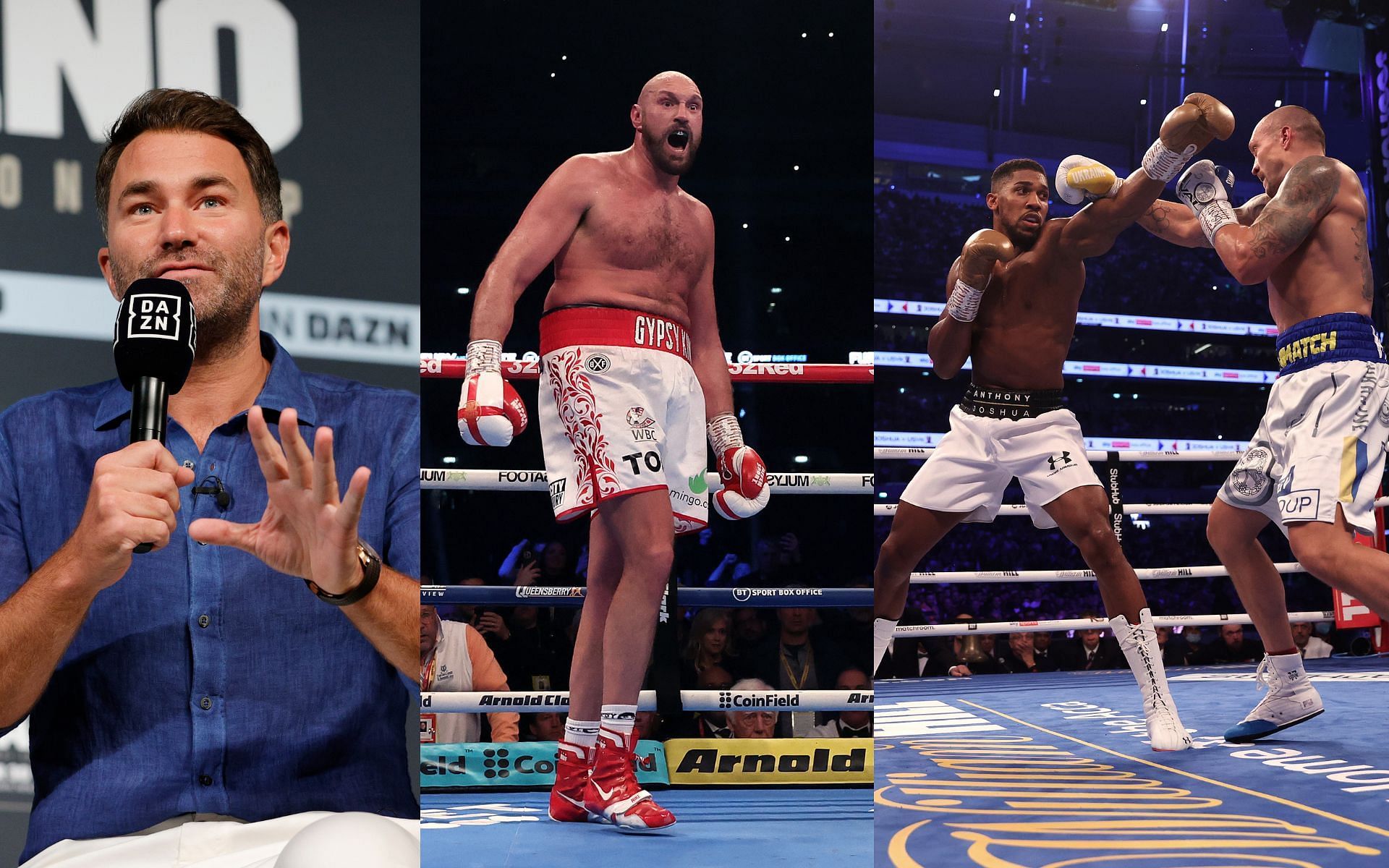 Hearn (left), Fury (middle), and Joshua vs. Usyk (right)